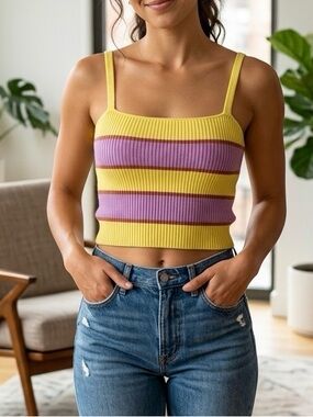 MOTHER The Tube Tank in Purple & Yellow Stripe Size Small